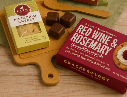A box of Lark Pistachio Cherry, Chocolates, and Crackeroology Red Wine & Rosemary cheese kits on a wooden board with crackers.