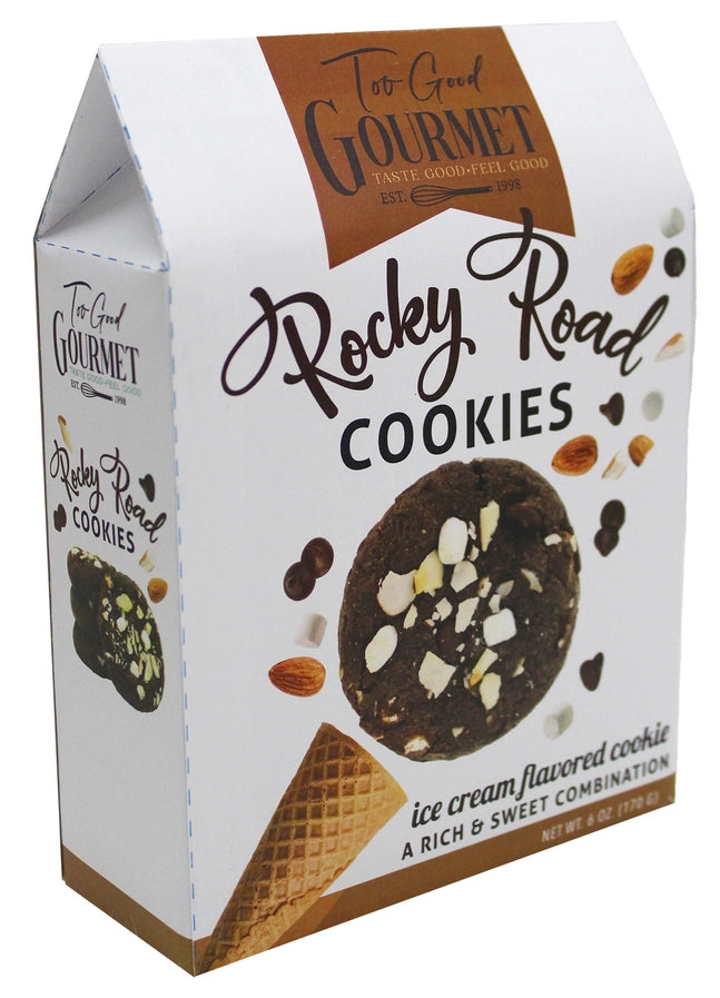Packaging for The Grand Gourmet Rocky Road Cookies, showing the cookies with nuts and chocolate pieces, and the text 'ice cream flavored cookie'.