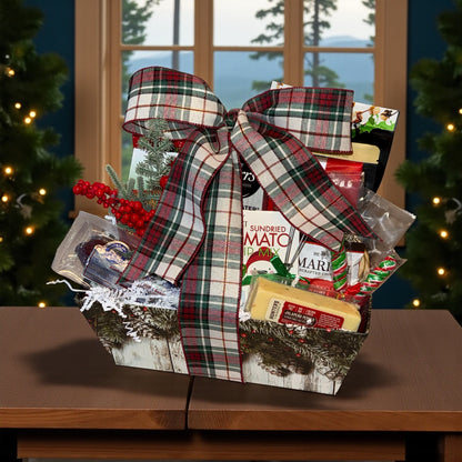 Gift basket with a plaid ribbon on a table with Christmas decorations in the background