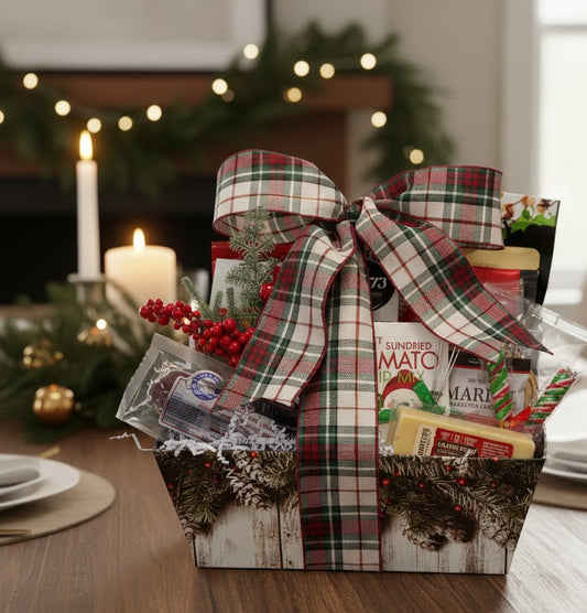 Gift basket with a plaid bow on a table with Christmas decorations.