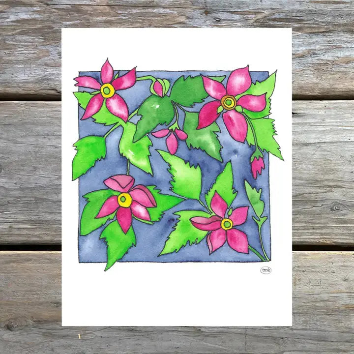 A colorful greeting card with a watercolor illustration of flowers