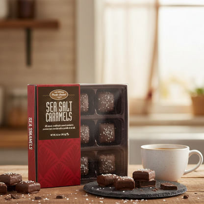 Dark Chocolate Sea Salt Caramels partially opened box on a countertop, showing chocolate-coated caramels with sea salt flakes, one split open revealing caramel center.