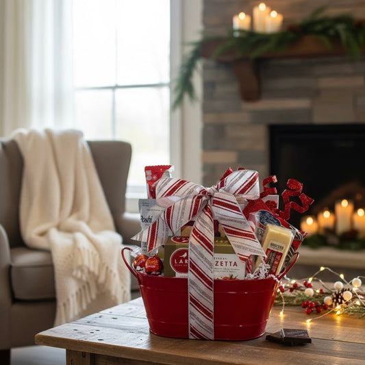 Gift basket with a red bucket and striped bow on a coffee table in a cozy living room.