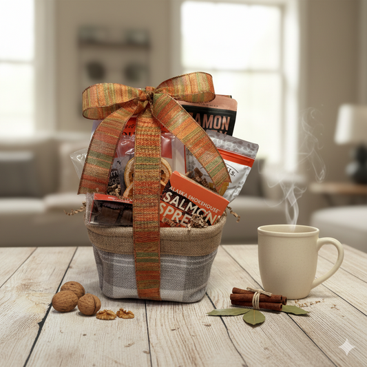 Simply Gourmet Gift Basket with salmon spread, granola, dried apple rings, and more, adorned with an autumn ribbon, set beside steaming mug and walnuts.