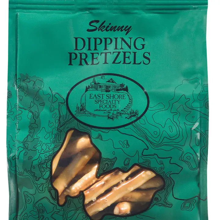 Green package of Skinny Dipping Pretzels by East Shore Specialty Foods