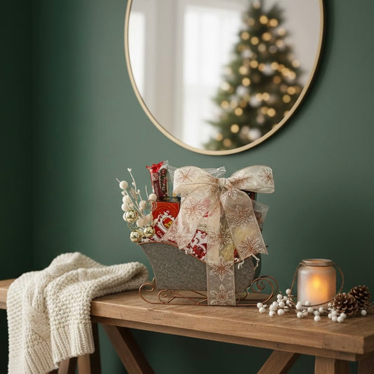 Gift basket with decorative bow on a wooden table against a green wall with a mirror reflecting a Christmas tree.