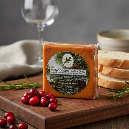 Block of Smoke of Cranberry Cheddar Cheese on a wooden board with cranberries and bread in the background.