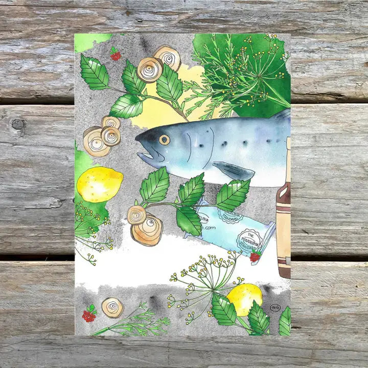 A colorful greeting card with a watercolor illustration of salmon.