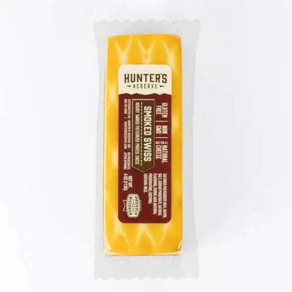 Packaged smoked Swiss cheese with Hunter's Reserve label on a white background