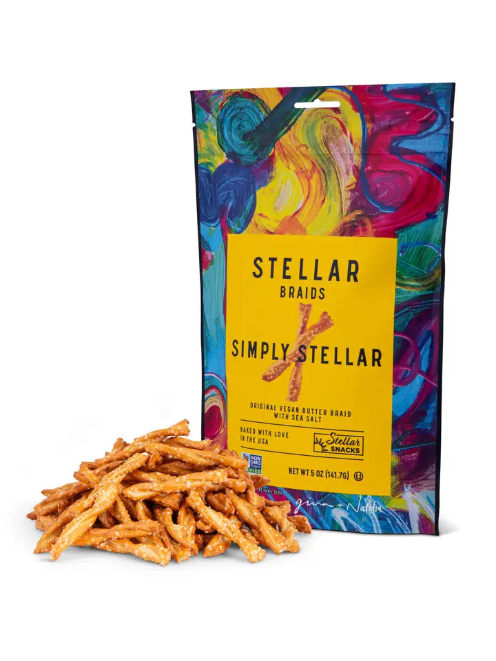 Colorful bag of 'Simply Stellar' snacks with a white background