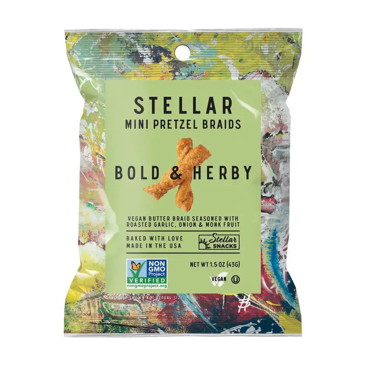 A package of Stellar Mini Pretzel Braids with the flavor 'Simply Stellar' highlighted on the front. The package is colorful with a yellow label and multicolored design, indicating the product is vegan and non-GMO.