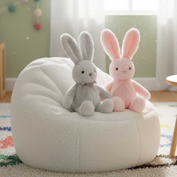 Two plush bunny toys, one gray and one pink, sitting on a white bean bag chair in a room with a colorful ball and curtain in the background.