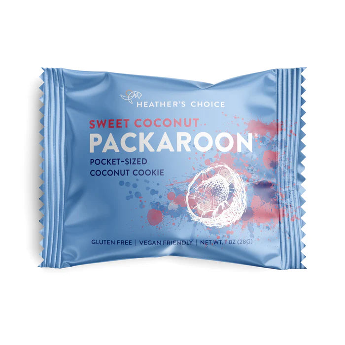 Heather's Choice Packaroons: Snack-sized Sweet Coconut Packaroon, gluten-free, vegan-friendly coconut cookie in a blue wrapper, ideal for on-the-go snacking, 140 calories.