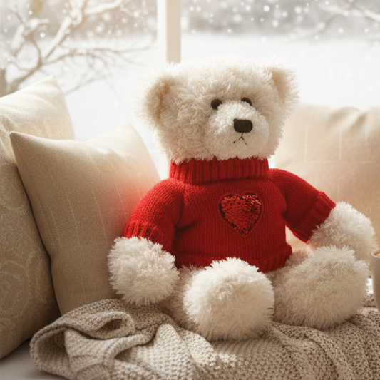 White teddy bear wearing a red sweater with a heart on a beige couch.