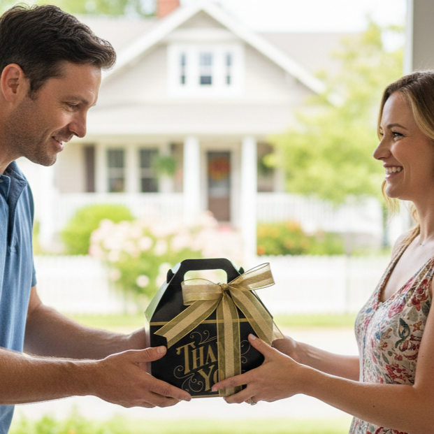 A man and woman exchange a Thank You Gable Box, featuring a gold ribbon, at a home's entryway, both smiling warmly.