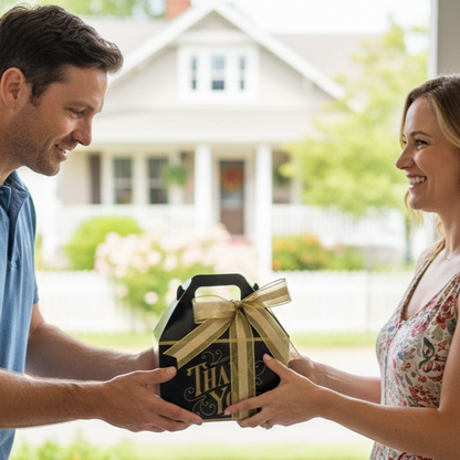 A man and woman exchange a Thank You Gable Box, featuring a gold ribbon, at a home's entryway, both smiling warmly.