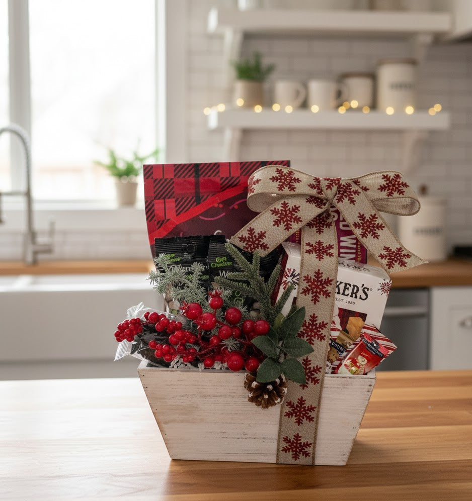 Gift basket with festive decorations on a kitchen counter