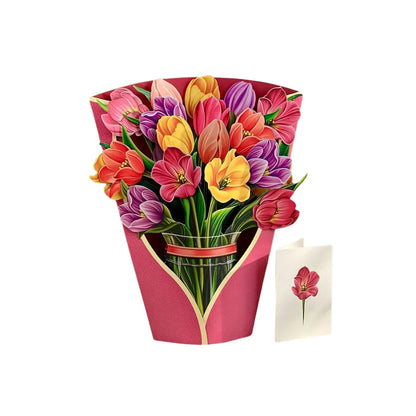 Pop-up Flower Bouquets featuring vibrant tulips in a pink holder with a matching note card, crafted from recycled materials, ideal for gifting and reusability.