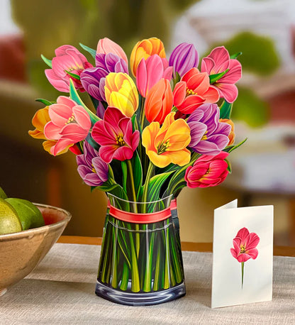 Pop-up Flower Bouquets in a glass vase with vibrant tulip-like flowers, accompanied by a matching greeting card. Perfect for gifting, eco-friendly, and reusable.