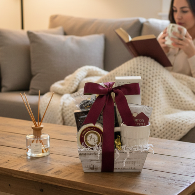 Unwind & Indulge Gift Basket on a wooden table with a ceramic mug, tin, tea packet, chocolates, and a reed diffuser, offering a cozy relaxation experience.