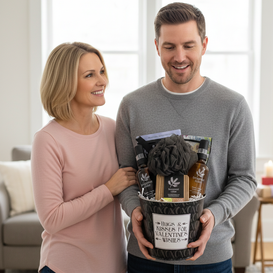 A couple holds the Valentine Wishes Gift Bucket, filled with body wash, lotion, a bath pouf, chocolates, and other pampering products, perfect for relaxation and gifting.
