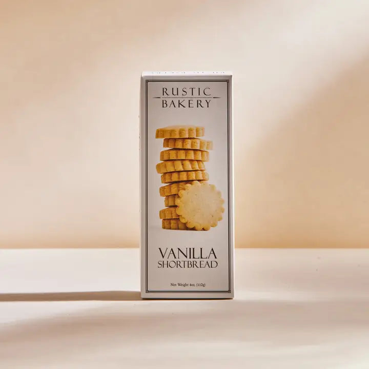 A packaged product of Rustic Bakery vanilla shortbread displayed against a neutral background.