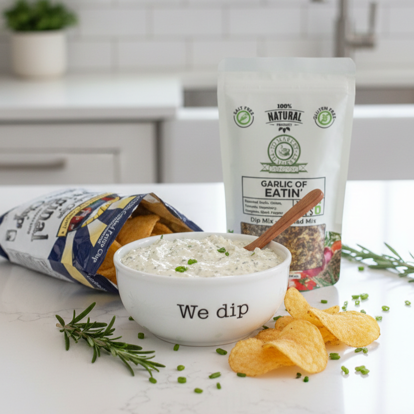 Garlic of Eatin' dip mix with a bowl of dip and chips on a kitchen counter.