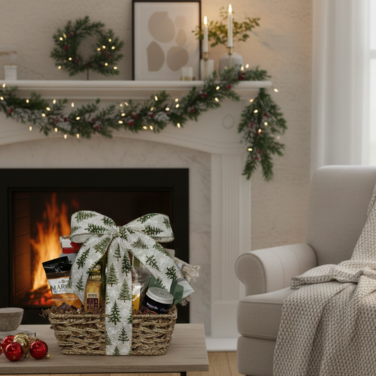 Gift basket with a decorative bow in front of a fireplace with Christmas decorations.