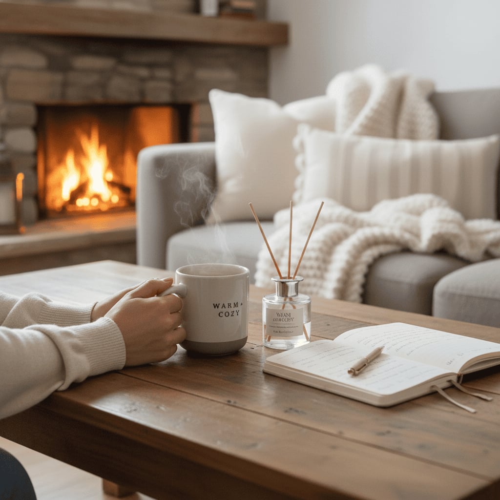 Person holding a mug with a fireplace and cozy living room in the background
