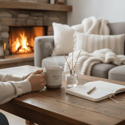 Person holding a mug with a fireplace and cozy living room in the background