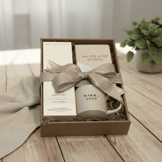 Gift set with mug, diffuser, and journal in a box on a wooden surface.