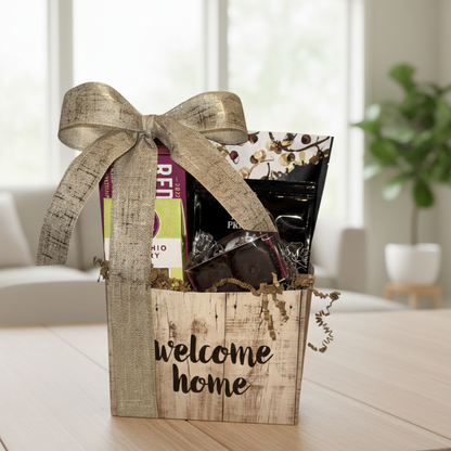 Welcome Home Gift Basket | A Warm & Delicious Homecoming: Rustic gift box with crackers, coffee pouch, chocolate treats, and a decorative card, ideal for housewarming.
