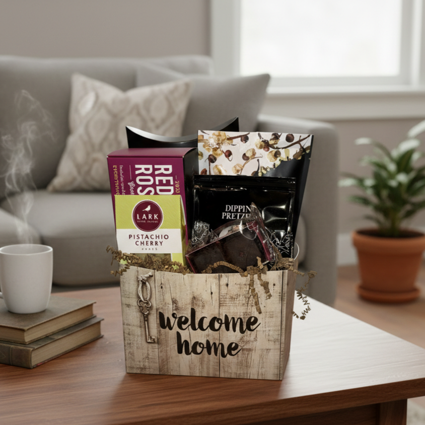 Welcome Home Gift Basket on a coffee table, featuring gourmet treats like tea, sweets, and pretzels, alongside a steaming mug and books.