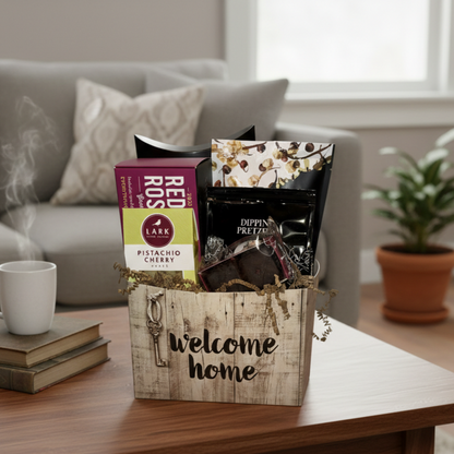 Welcome Home Gift Basket on a coffee table, featuring gourmet treats like tea, sweets, and pretzels, alongside a steaming mug and books.