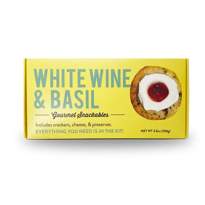 Box of 'White Wine & Basil' gourmet snackables on a white background
