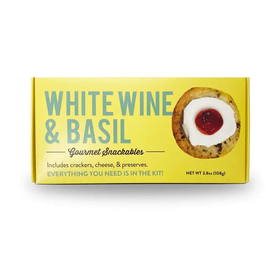 Box of 'White Wine & Basil' gourmet snackables on a white background