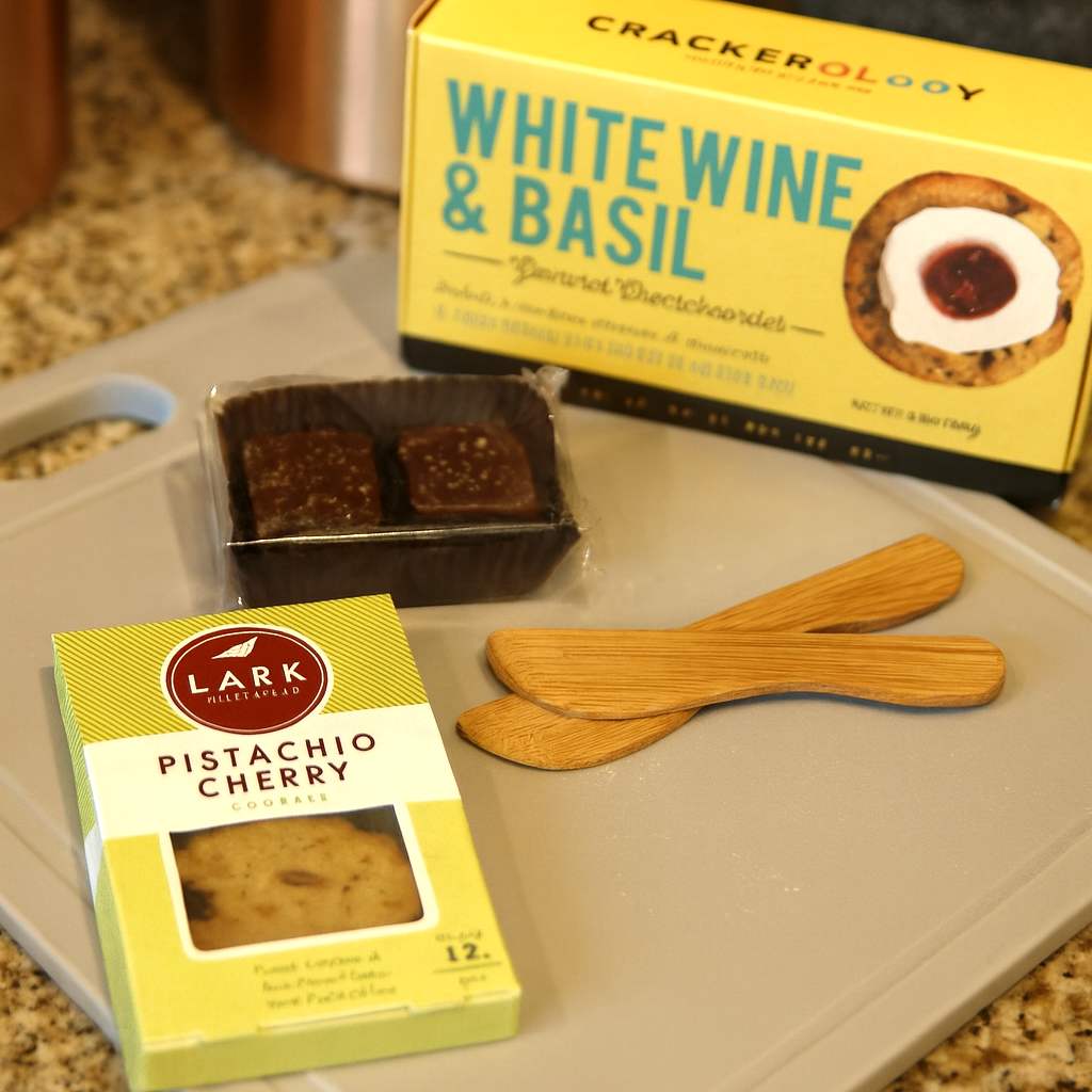 A box of Lark Pistachio Cherry cookies, two sea salt caramel chocolates, Crackerology White Wine Basil crackers with cheese on a cutting board.