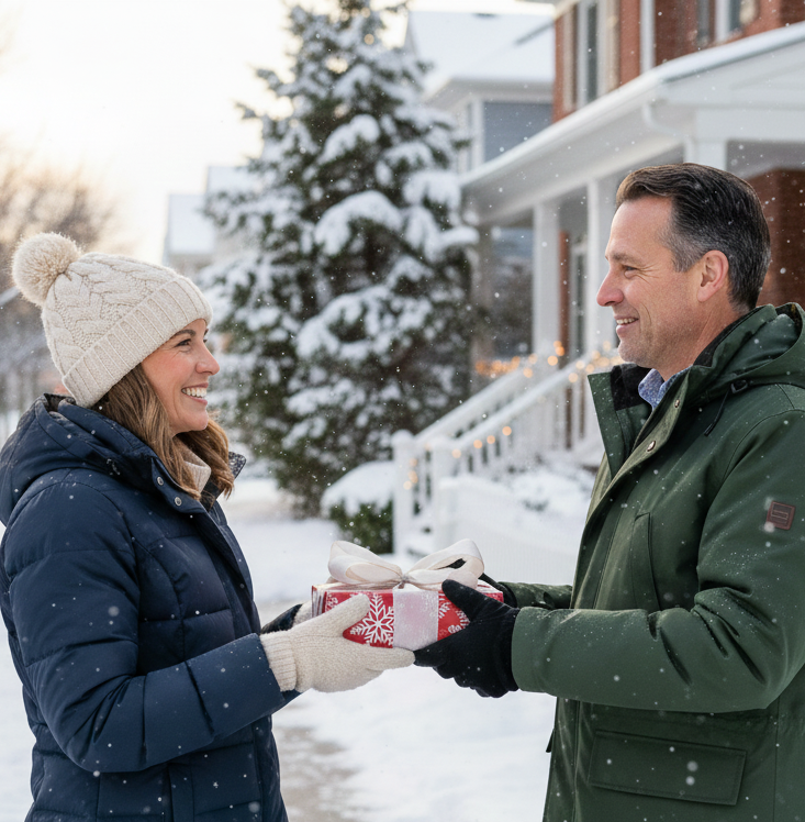 Two people in winter clothing exchanging a package on a snowy street.