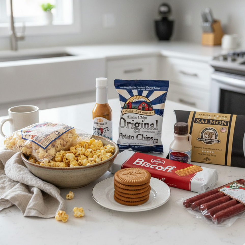Snack items including popcorn, chips, cookies, and sausages on a kitchen counter.