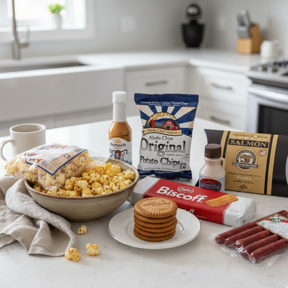 Snack items including popcorn, chips, cookies, and sausages on a kitchen counter.