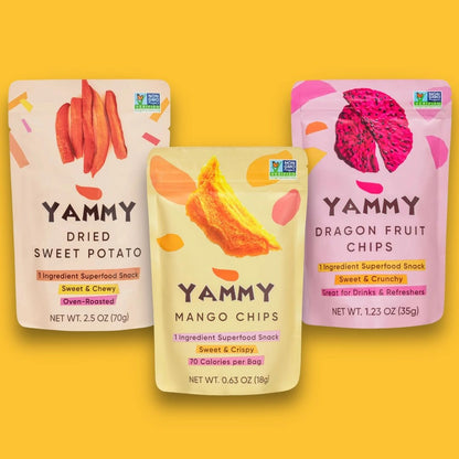Three packages of Yammy snacks on a yellow background