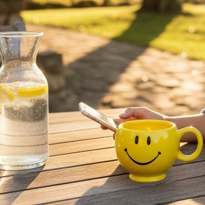 Yellow smiley face mug with a glass of lemon water on a wooden table outdoors.