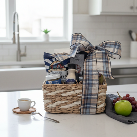 Yukon Alaska Gift Basket on counter, featuring chips, creamer, jam, coffee, snacks, with espresso cup, apple, grapes nearby; embodies Alaskan flavors.