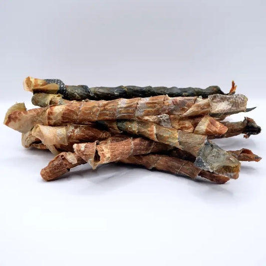 Crunchy wild Alaskan salmon skin twists for dogs