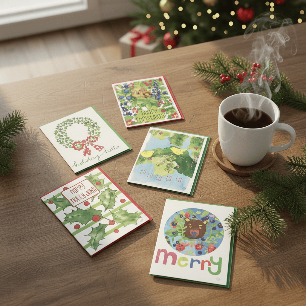 Set of Christmas-themed greeting cards on a table with a steaming mug of coffee and festive decorations.