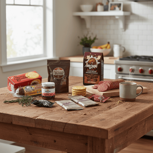 Wooden table with food items including a box of crackers, jar of jam, and packages of meat in a kitchen setting.