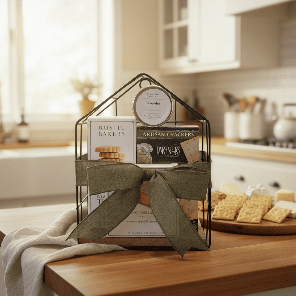 Decorative gift basket with crackers on a kitchen counter