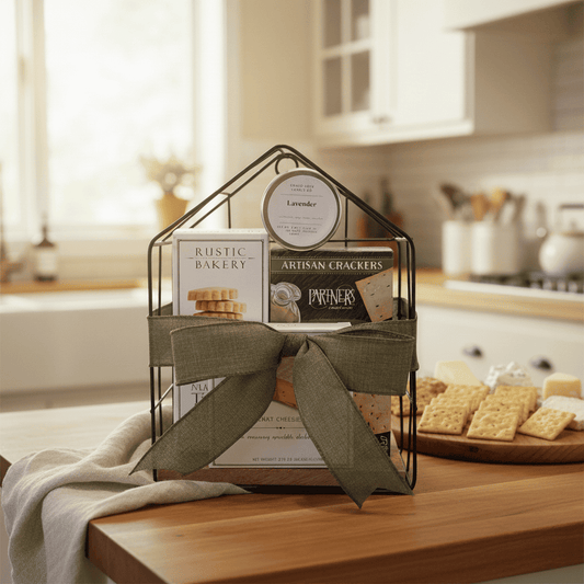 Decorative gift basket with crackers on a kitchen counter