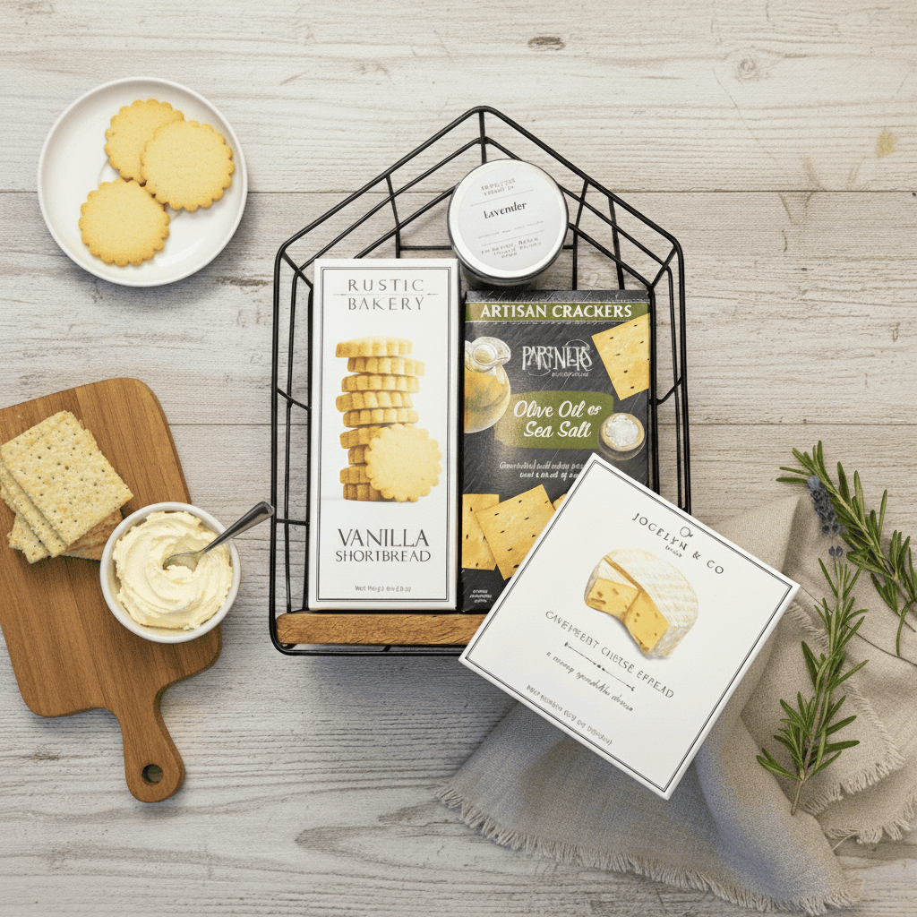 Assorted crackers and bakery items on a wooden surface with a rustic theme.