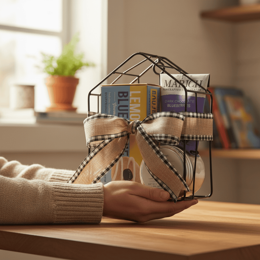 Hand holding a decorative wire basket with books and a bow on a wooden surface.